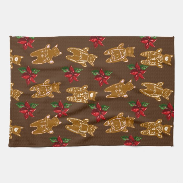 Gingerbread Cats on Dark Chocolate - Hand Drawn Tea Towel (Horizontal)