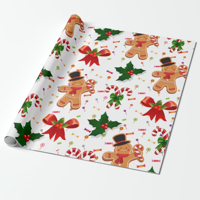 Gingerbread Christmas Candy Ribbon Wrapping Paper (Unrolled)
