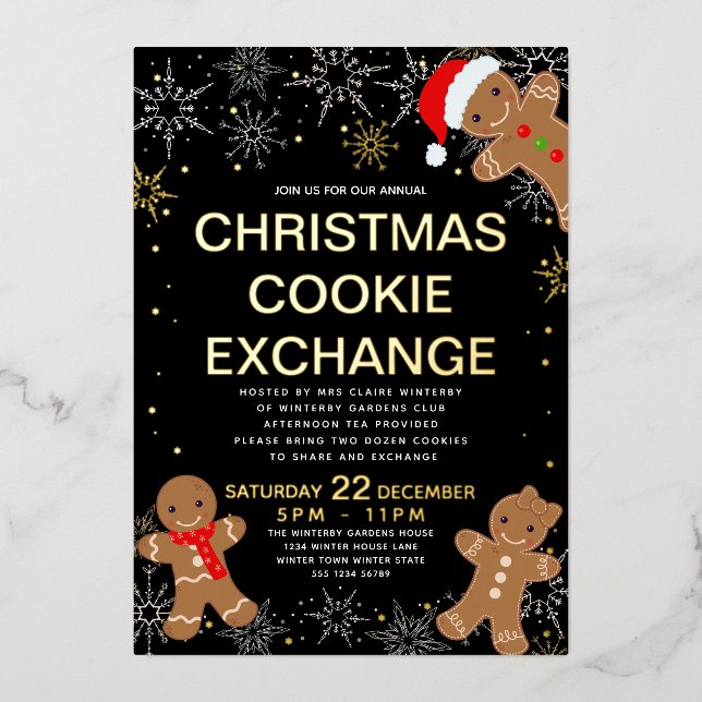 Gingerbread Christmas Cookie Exchange Gold Black Foil Holiday Card (Front)