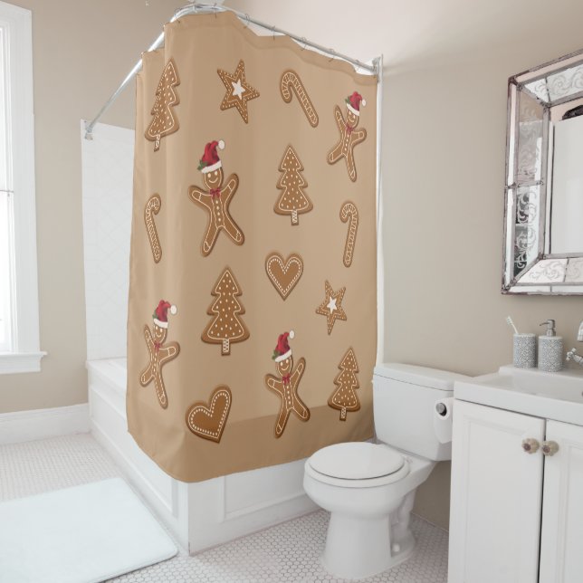Gingerbread Christmas Cookie Shapes On Brown Shower Curtain (In Situ)