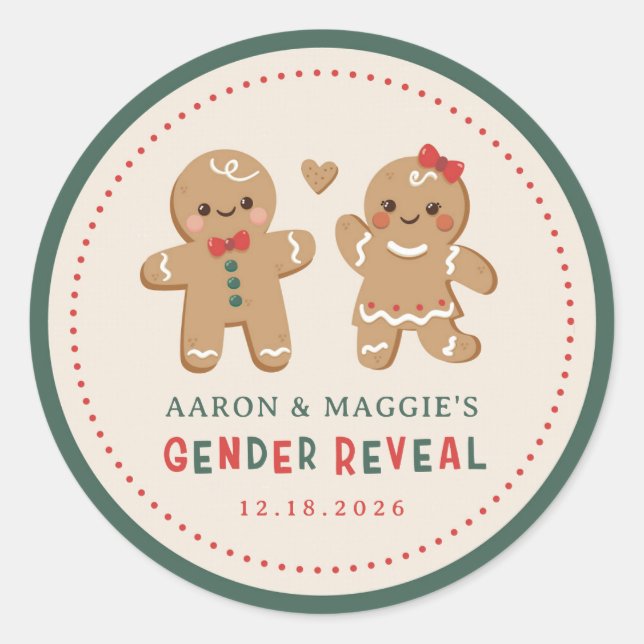 Gingerbread Christmas Gender Reveal Favour Classic Round Sticker (Front)