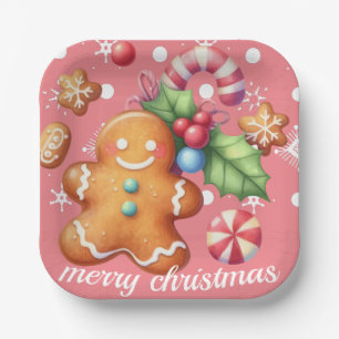 Gingerbread Christmas Peppermint Blue Name Pink Paper Plate