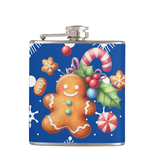 Gingerbread Christmas Peppermint Blue Name Snow  Hip Flask (Front)