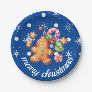 Gingerbread Christmas Peppermint Blue Name Snow Paper Plate