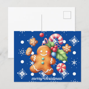 Gingerbread Christmas Peppermint Blue Name Snow  Postcard