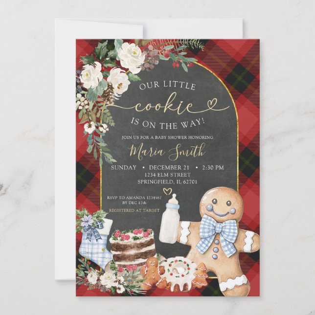 Gingerbread Christmas Plaid Cookie Baby Shower Invitation (Front)