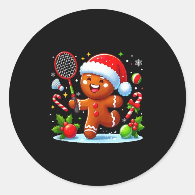 Gingerbread Christmas Playing Badminton Funny Play Classic Round Sticker (Front)