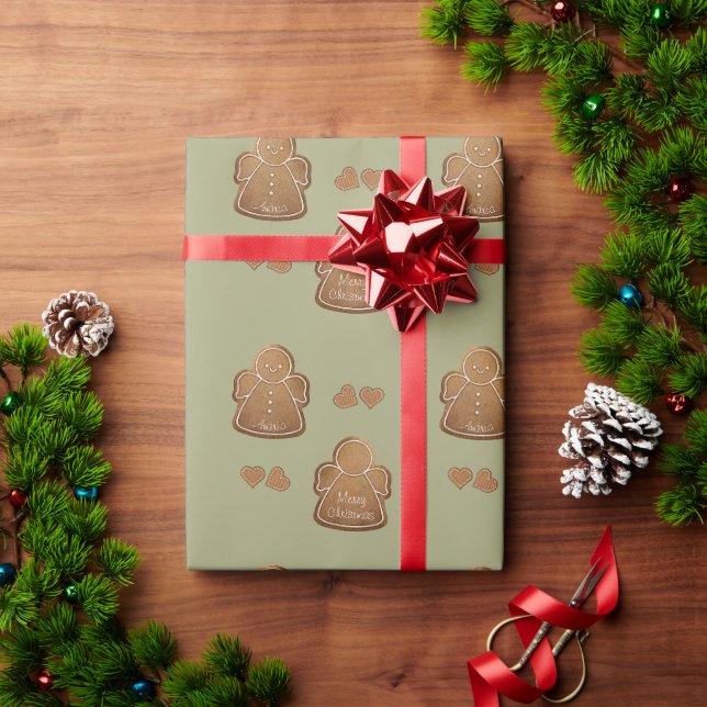 Gingerbread Cookie Add your name Angel Olive Wrapping Paper (Holiday Gift)