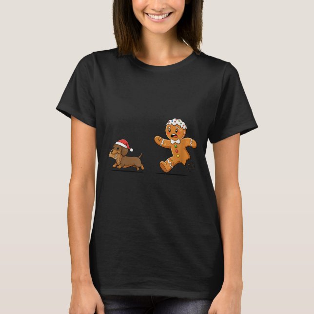 Gingerbread Cookie Chasing Dachshund Christmas Dog T-Shirt (Front)