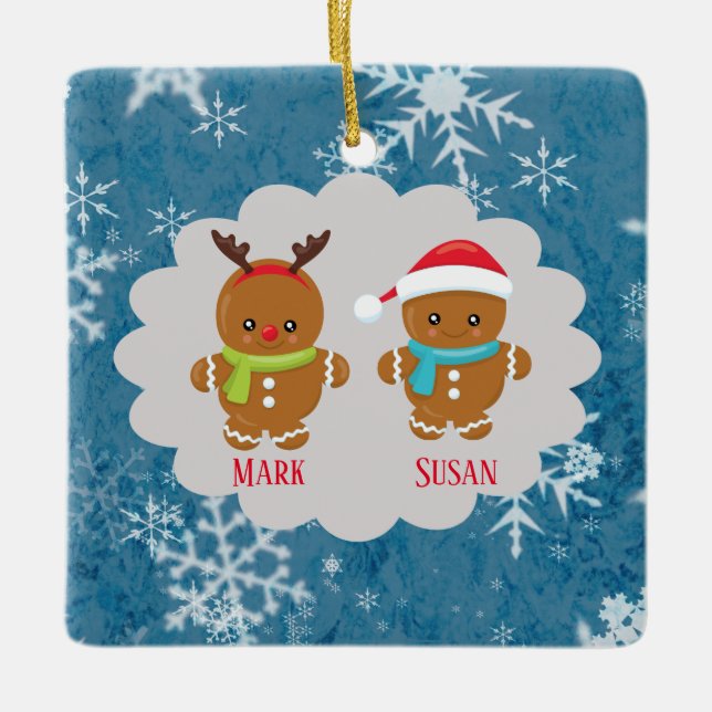 Gingerbread Cookie Couple Christmas Names Ceramic Ornament (Front)