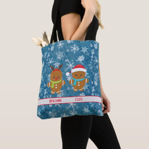 Gingerbread Cookie Couple with Names Snowflakes T Tote Bag