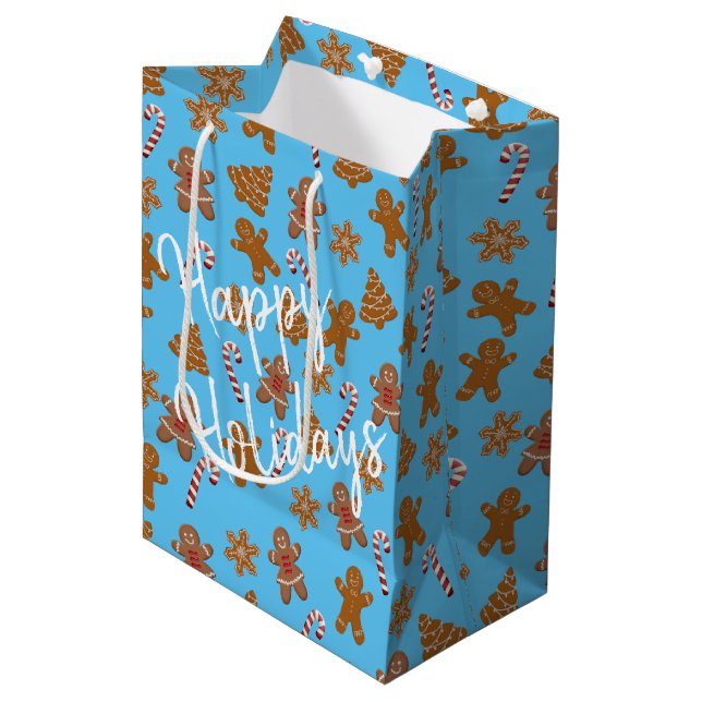 Gingerbread Cookies and Candy Canes on Blue Medium Gift Bag (Front Angled)