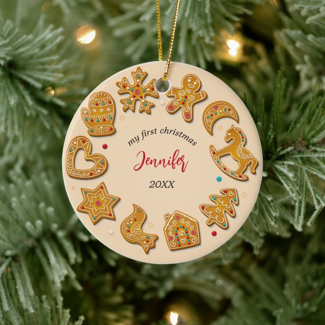 Gingerbread Cookies Baby First Christmas Ceramic Ornament (Tree)