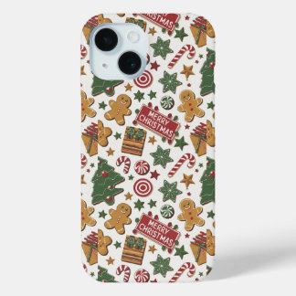 Gingerbread cookies, candy and Christmas trees, iPhone 15 Case