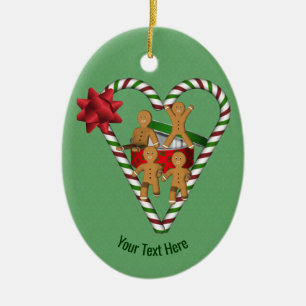 Gingerbread Cookies Candy Cane Heart Personalised Ceramic Ornament