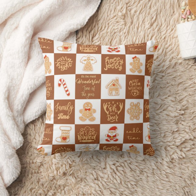 Gingerbread Cookies Chequered Pattern Cushion (Blanket)