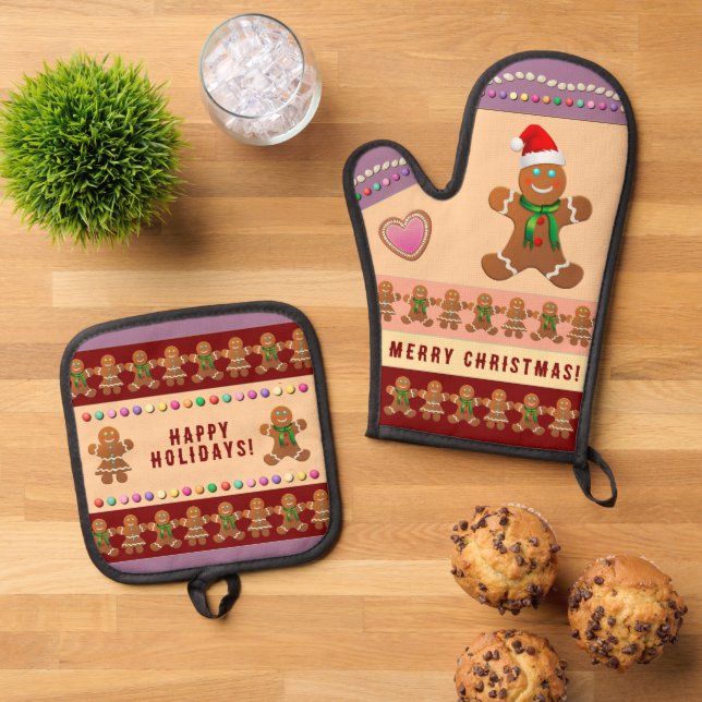 Gingerbread Cookies Christmas Party Oven Mitt & Pot Holder Set (Top Down)