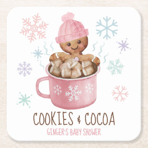 Gingerbread Cookies & Cocoa Girl Baby Shower Square Paper Coaster