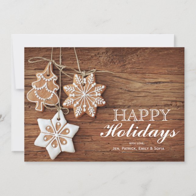Gingerbread Cookies Hanging Over Wooden Holiday Card (Front)
