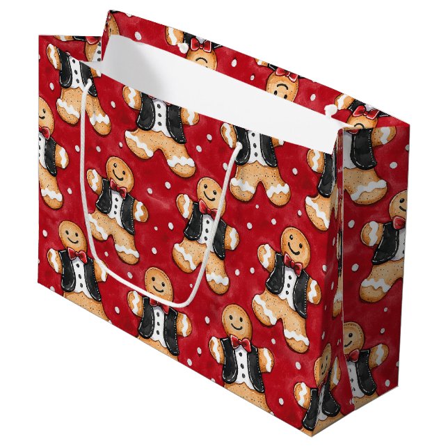 Gingerbread Cookies in Tuxedos Christmas Large Gift Bag (Front Angled)