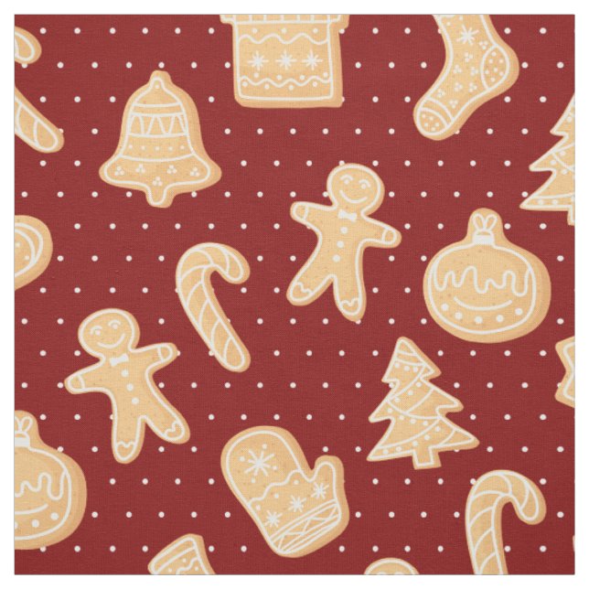 Gingerbread Cookies on Red Dots Pattern Holiday Fabric (Swatch)
