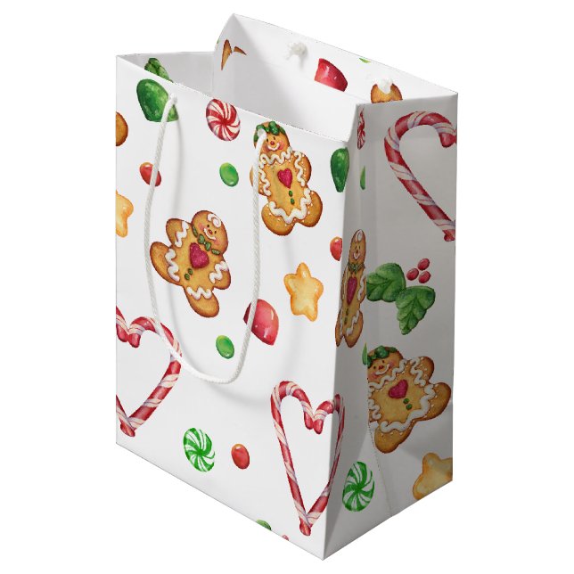 Gingerbread Cookies, Peppermint Hearts, Gumdrops Medium Gift Bag (Front Angled)