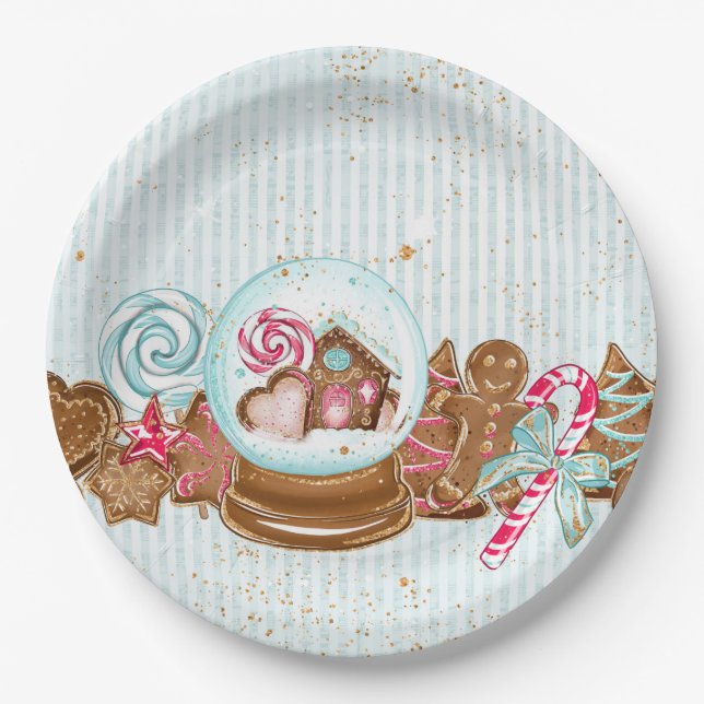 Gingerbread Cookies Snowglobe Candy Paper Plate (Front)