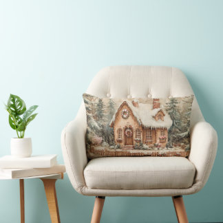 Gingerbread Cottage Winter Forest House Lumbar Cushion
