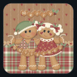 Gingerbread Country Christmas Square Sticker<br><div class="desc">Cute gingerbread cookie couple   or gingerbread cook with gingerbread Merry Christmas Banner. Background has sweet little red hearts pattern with matching lower plaid in burgundy red,  white and green for a delightful Country look. Cookie heart border accent.</div>