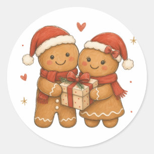 Gingerbread Couple with Gift and Santa Hats Classic Round Sticker