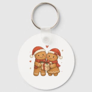 Gingerbread Couple with Gift and Santa Hats Key Ring