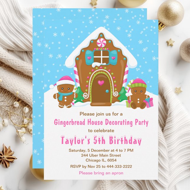 Gingerbread Decorating Birthday Party Blue Pink Invitation (Creator Uploaded)