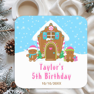 Gingerbread Decorating Birthday Party Blue Pink Square Paper Coaster