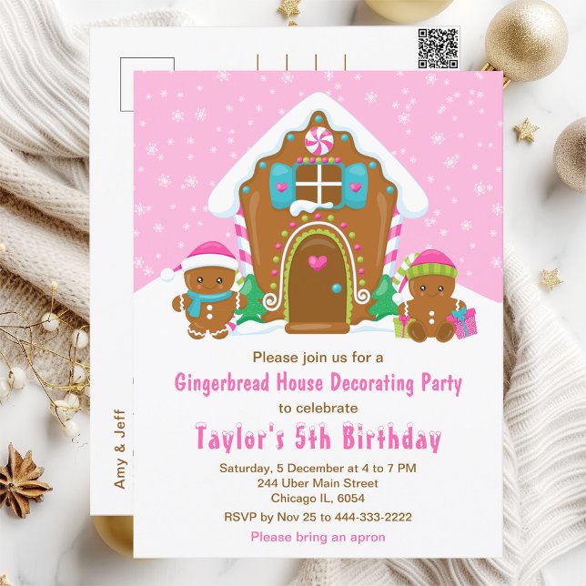 Gingerbread Decorating Birthday Party Bright Pink Postcard (Creator Uploaded)