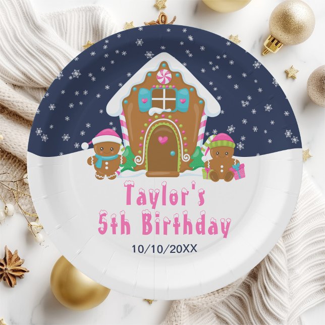 Gingerbread Decorating Birthday Party Navy Pink Paper Plate (Creator Uploaded)