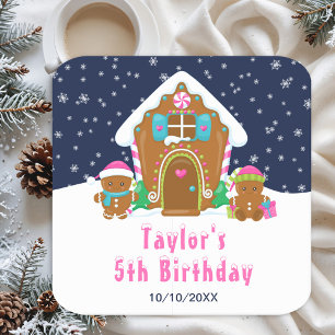 Gingerbread Decorating Birthday Party Navy Pink Square Paper Coaster