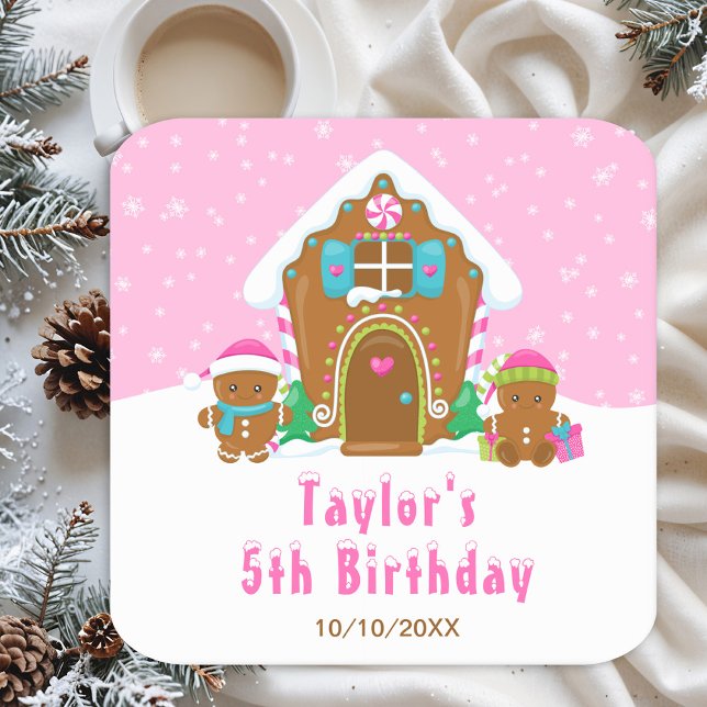 Gingerbread Decorating Birthday Party Pink Square Paper Coaster (Creator Uploaded)