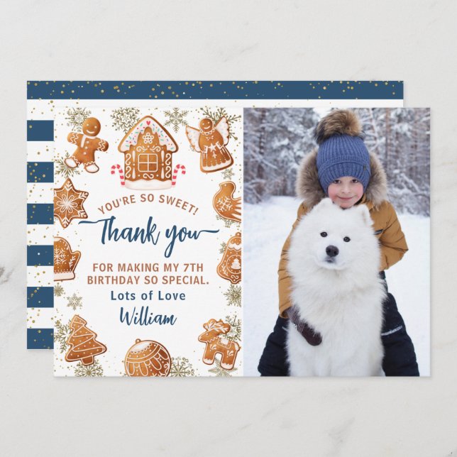 Gingerbread Decorating Holiday Birthday Photo Thank You Card (Front/Back)