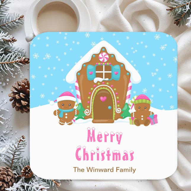 Gingerbread Decorating Party Bright Blue and Pink Square Paper Coaster (Creator Uploaded)