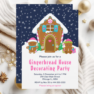 Gingerbread Decorating Party Navy Blue and Pink Invitation