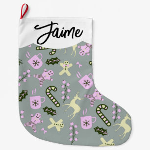 Gingerbread Deer Candycane Greenery Christmas Large Christmas Stocking