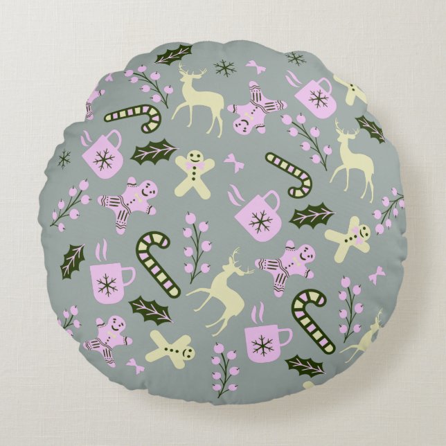 Gingerbread Deer Candycane Greenery Christmas   Round Cushion (Front)