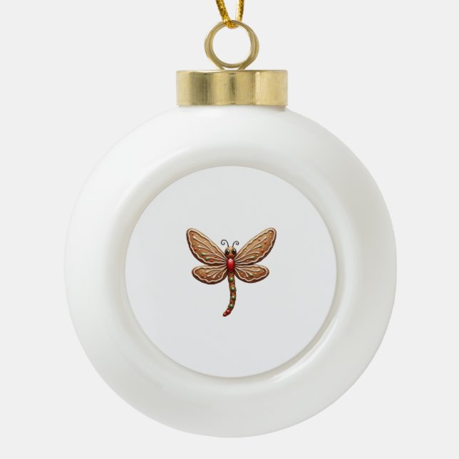 Gingerbread Dragonfly Ceramic Ball Christmas Ornament (Front)