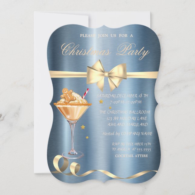 Gingerbread Drink Bow Blue Metallic Christmas  Invitation (Front)