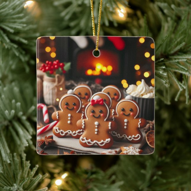 Gingerbread Family by the Fire Ceramic Ornament (Tree)