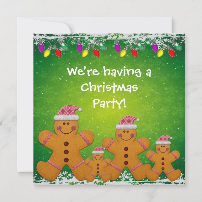 Gingerbread Family & Christmas Lights Party Invite (Front)