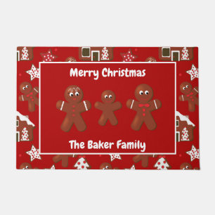 Gingerbread Family of Three Merry Christmas Red Doormat
