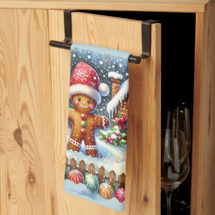 Gingerbread Family Snowy Christmas Scene Blue Tea Towel