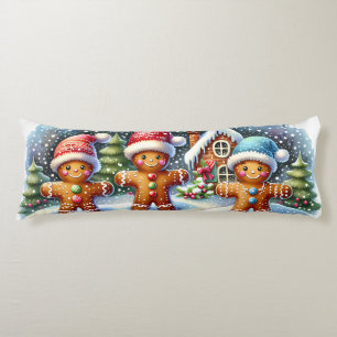 Gingerbread Family Snowy Christmas Scene Body Cushion