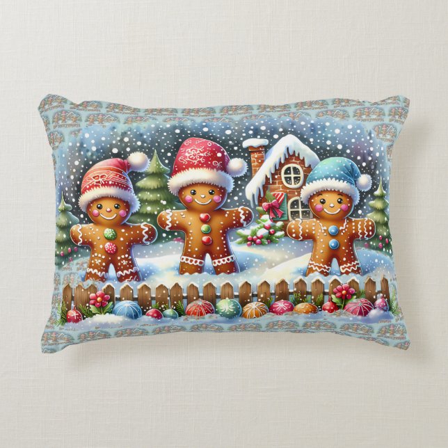Gingerbread Family Snowy Christmas Scene Decorative Cushion (Front)